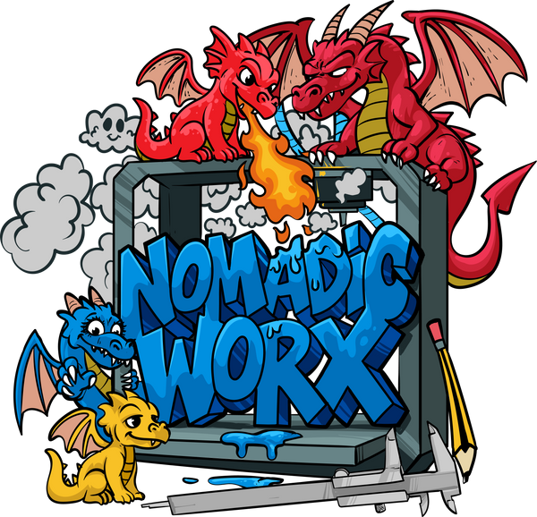 Cartoon dragons around a 3D printer with 'Nomadic Worx' branding.
