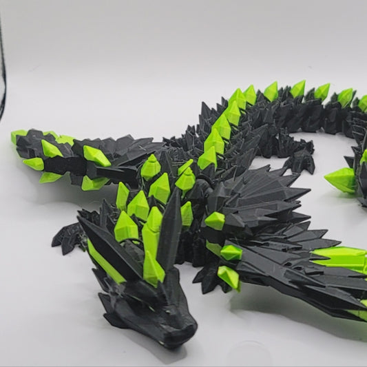Black and green 3D printed Crystal Adult Dragon articulated figurine with crystal spines, coiled pose