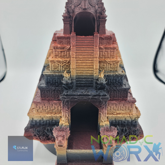 3D printed ancient temple dice tower with gradient filament, carved stone reliefs, guardian statues, and tiered staircase by NomadicWorx