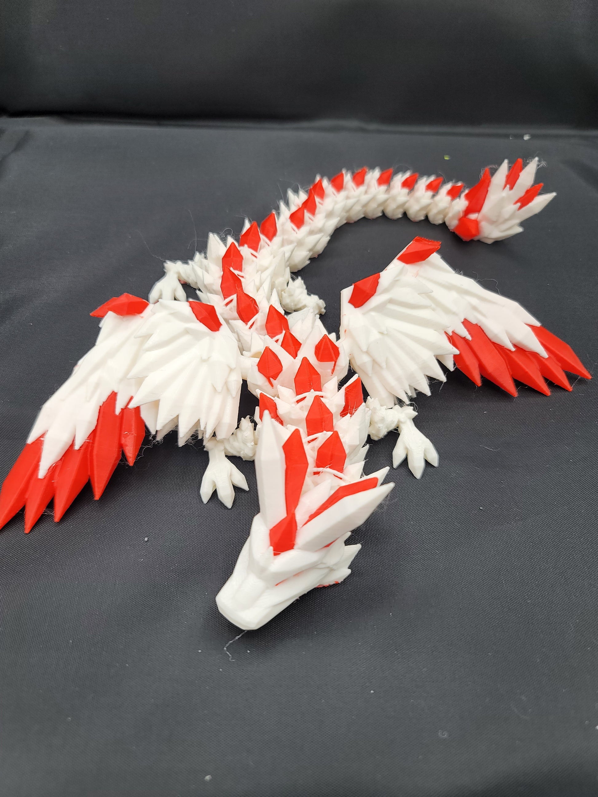 White and red 3D printed Crystal Adult Dragon figurine with wings spread and crystal detailing